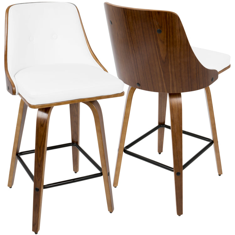 26" Mid Century Modern Counter Stool In Walnut With White Faux Leather Set Of 2