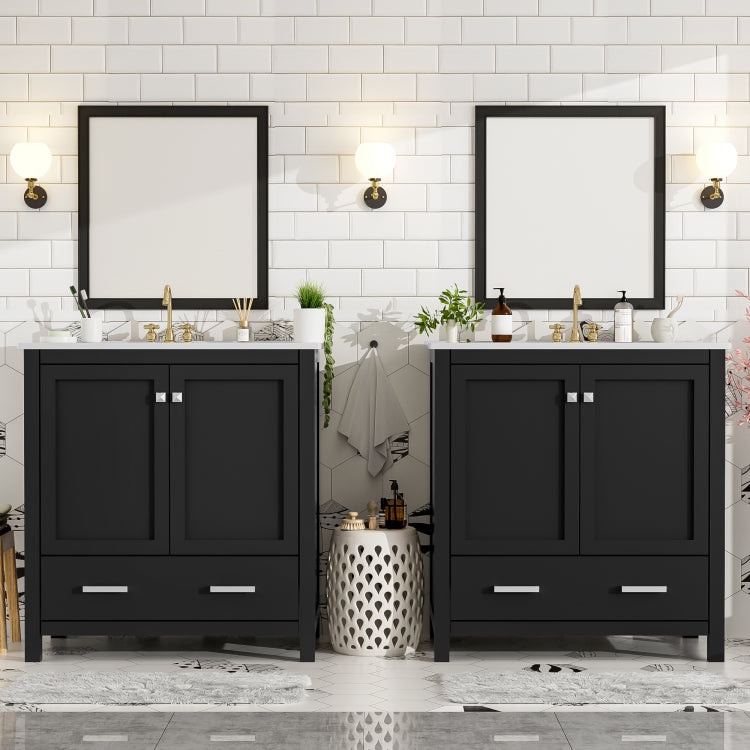 60" Black Bathroom Vanity Set With Double Vanities Separate , Double Ceramic Sinks, Storage Shelf, And Divided Drawers Mirror Not Included Modern Bathroom Solution For Spacious Bathrooms