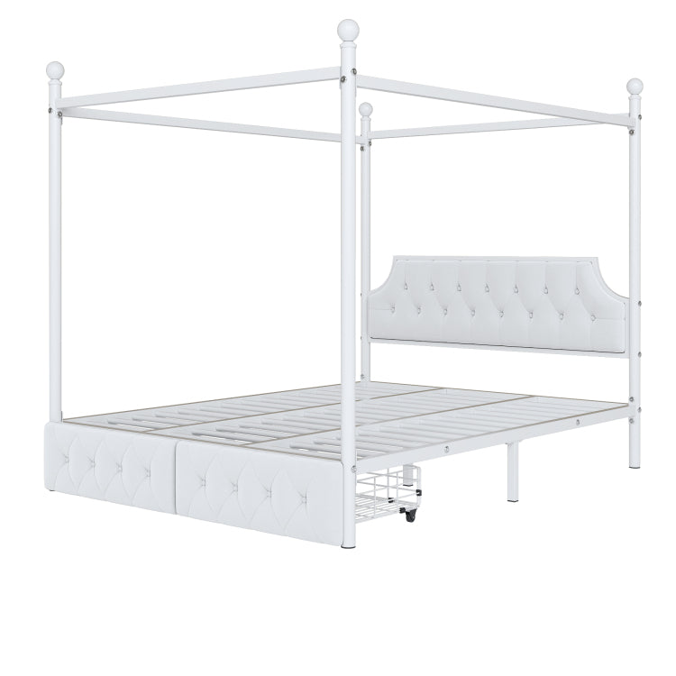 Queen Size Metal Canopy Platform Bed With Upholstered Headboard And Two Storage Drawers, White