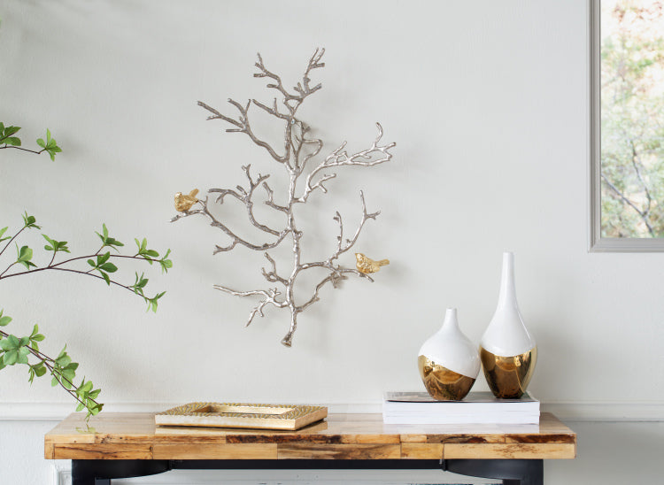 17X5.5X22" Metal Branch Wall Sculptures With Bird Accents, Set Of 2