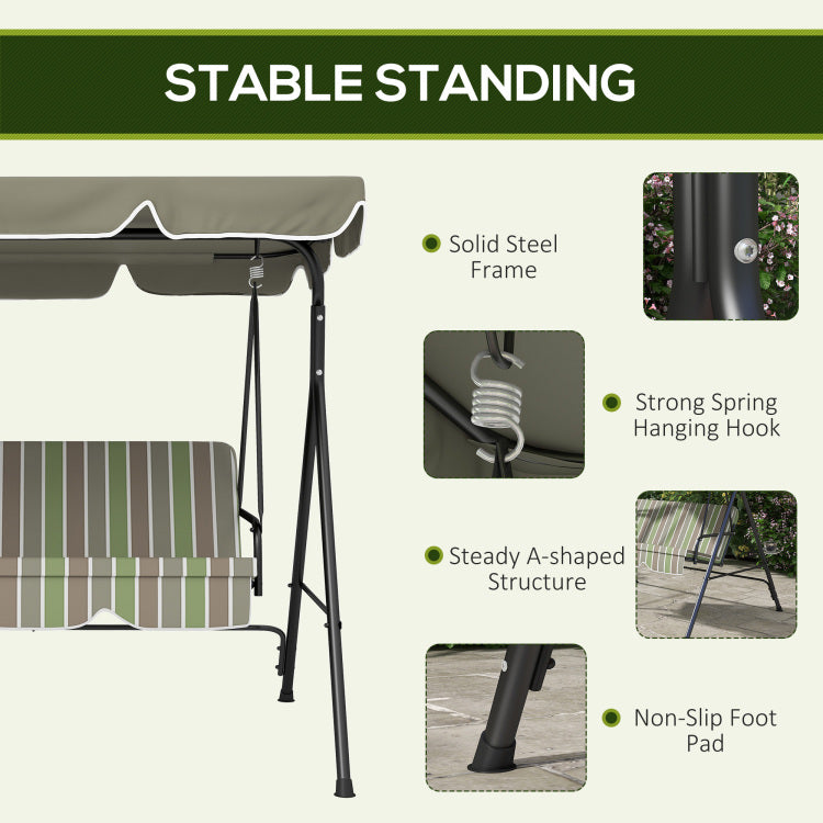 Outsunny 3 Seat Outdoor Patio Swing Chair With Removable Cushion, Steel Frame Stand And Adjustable Tilt Canopy For Patio, Garden, Poolside, Balcony, Backyard, Beige & Green
