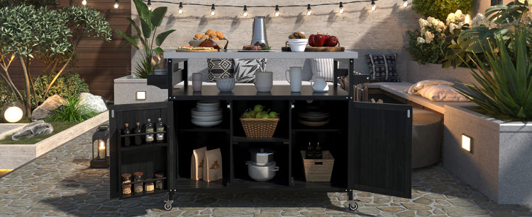 K&K Outdoor Kitchen Island, Rolling Bar Cart & Storage Cabinet, Farmhouse Solid Wood Outdoor Grill Table With Stainless Steel Top, Spice Rack , Towel Rack For Kitchen & Barbecue, Black