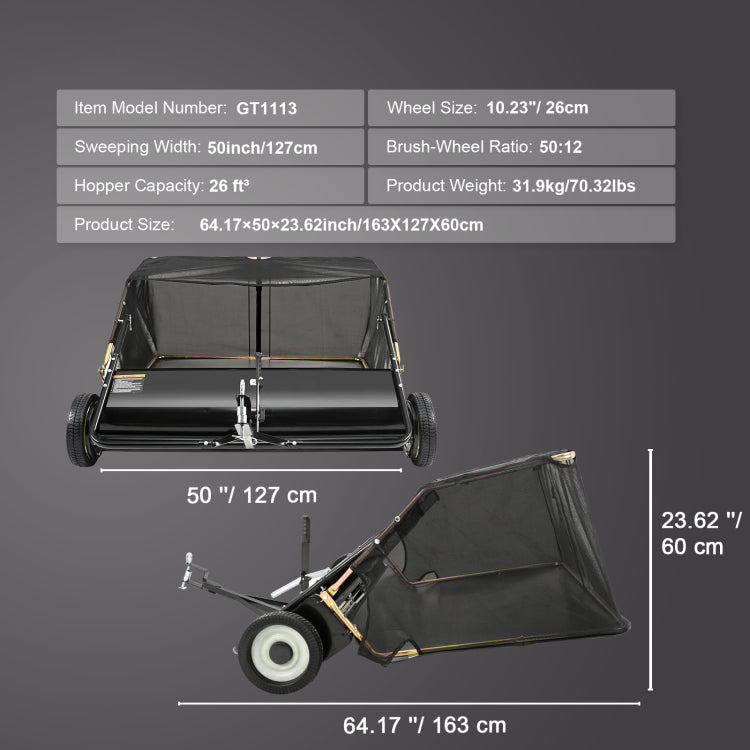 50" Tow Behind Lawn Sweeper 26 Cu. Ft. Leaf & Grass Collector Adjustable Height