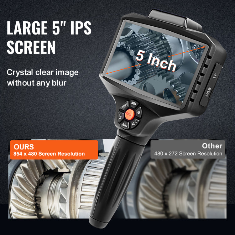 Triple Lens Borescope, 5" Ips Screen Inspection Camera With Lights, 8X Zoom 1080P Hd Split Screen, 10 Led Lights Scope Endoscope Camera For Automotive, Plumbing 16.5Ft Cable, 32Gb Card