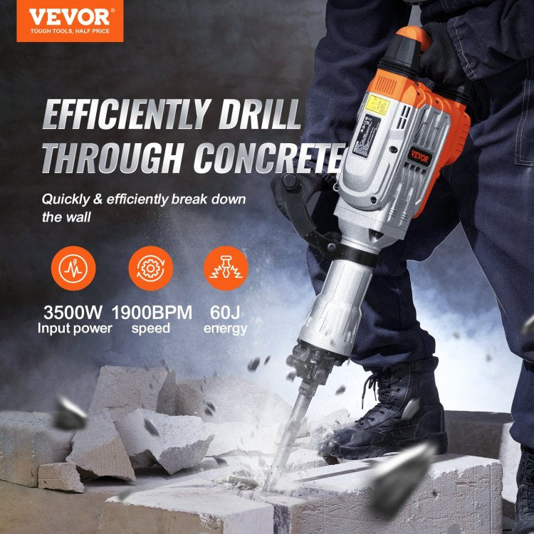 Demolition Jack Hammer Concrete Breaker 3500W Electric Hammer 2 Chisel Bits