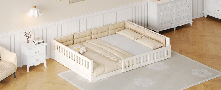 Wood Full Size Upholstered Platform Bed With Guardrail And Pillow, Beige