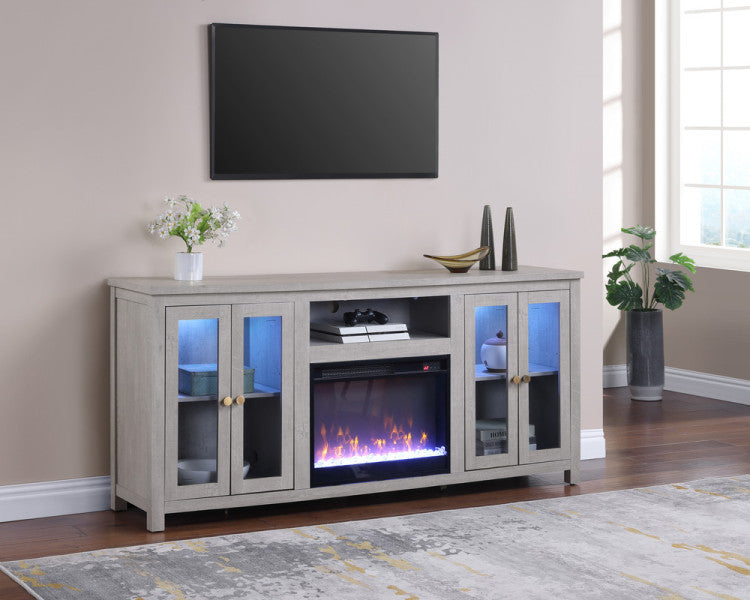 Emerson 70"W Light Gray Finish Fireplace Tv Stand Console With Heater, Led Light, Cabinets, Shelves