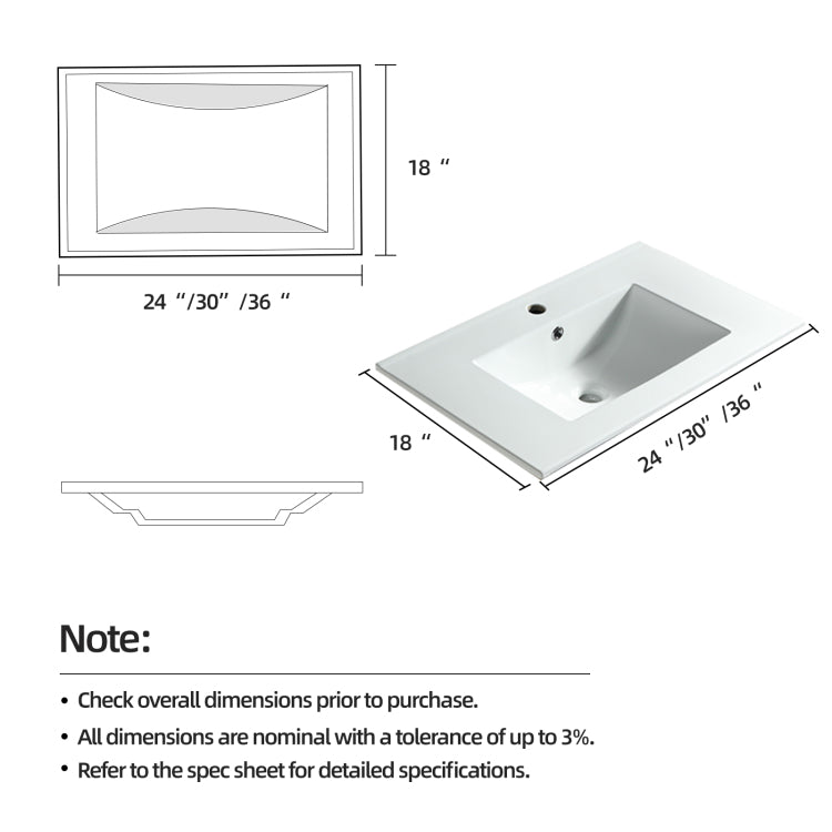 24" Bathroom Vanity Top Only, White Basin,Ceramic