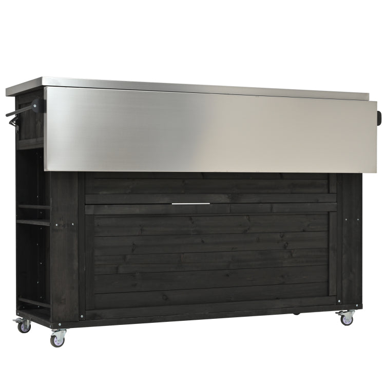 Outdoor Kitchen Island Fir Wood Kitchen Island With Stainless Steel Top, Ample Storage Space, Towel And Spice Racks And A Bottle Opener For Outdoor, Black