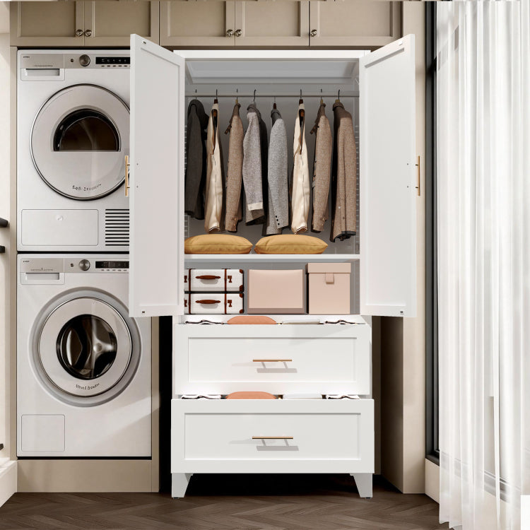 71" Tall Metal Wardrobe Cabinet With 2 Drawers And Hanging Rod, 2 Doors Wardrobe Closet With Shelf For Bedroom, Office, Laundry Room,Entryway ,Foyer,Guesthouse White