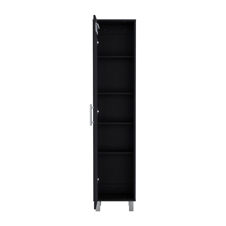 Storage Cabinet 71"H With 5 Tier Shelf, 3 Broom Hangers And Metal Hardware, Black