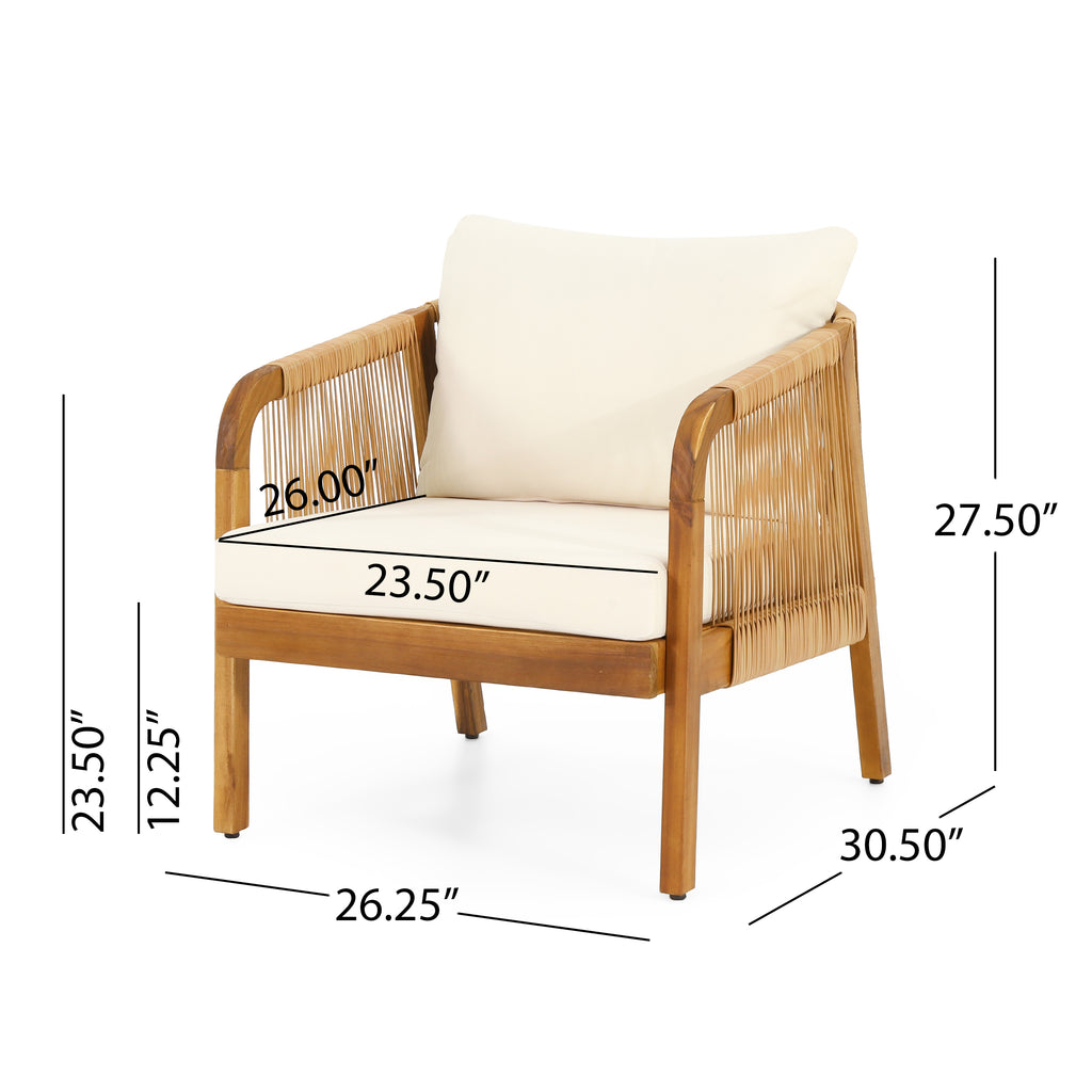 Set Of 2, Acacia Wood And Wicker Outdoor Club Chair, Deep Seating With Soft Cushion, Porch Chairs For Garden, Backyard Porch Balcony, Brown & Beige