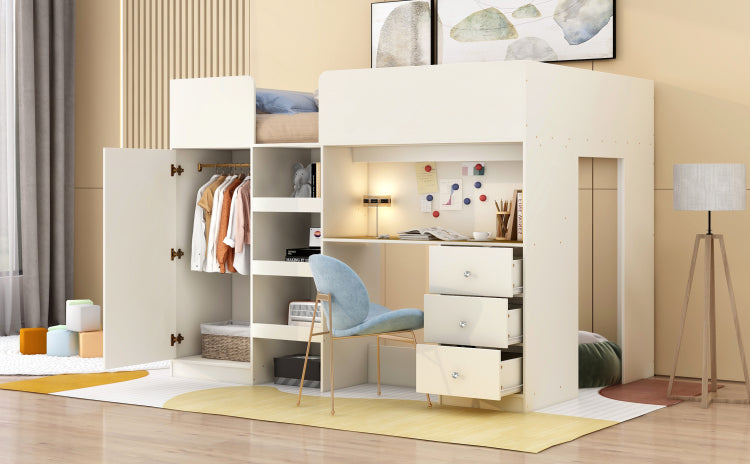 Wood Full Size Loft Bed With Built In Wardrobe, Desk, Storage Shelves And Drawers, Beige
