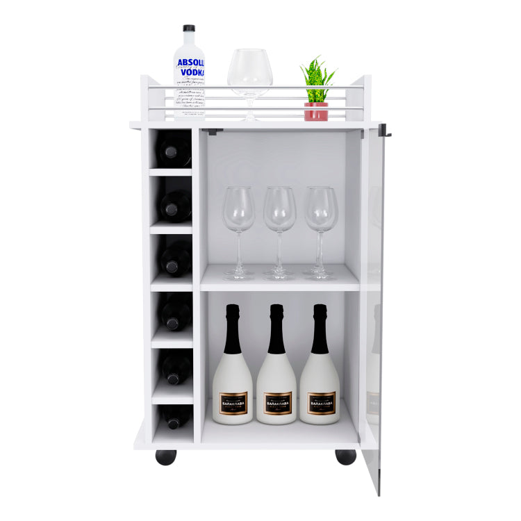Bar Cart, Glass Door, Four Casters, Two Shelves, White