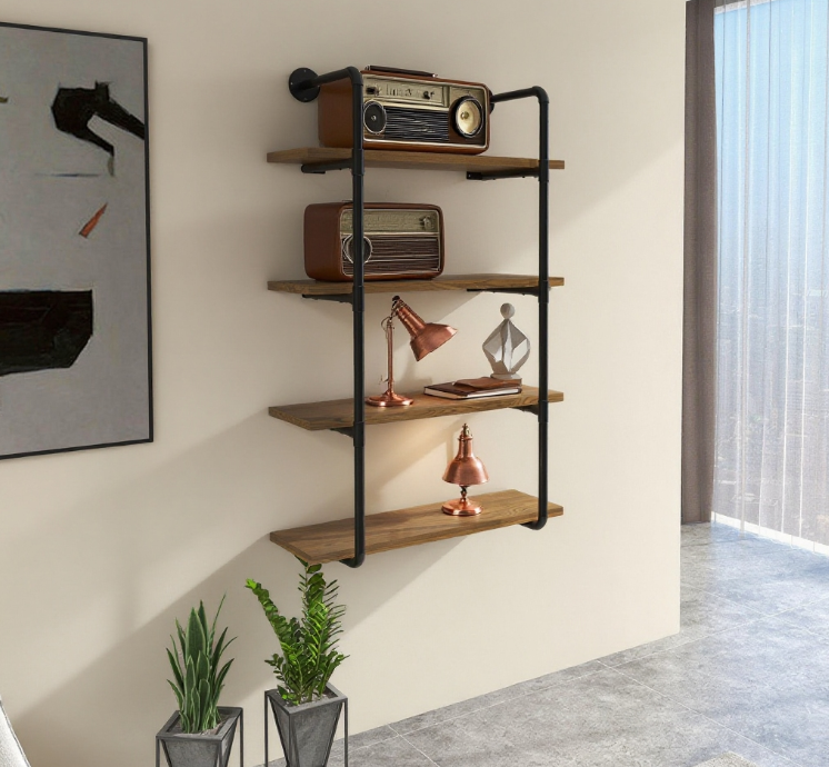 Rack Industrial Pipe Shelves Floating Wall Mounted Bookshelf, Metal Frame Display Rack