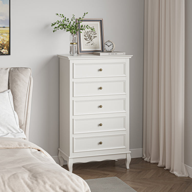 5 Drawer Dresser For Bedroom, Modern Storage Closet Cabinet Organizerwith Solid Wood Legs And Painted Finish White