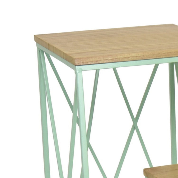 Mito 3Pc Nesting Plant Stand Table, Brown Wood, X Cross Green Metal