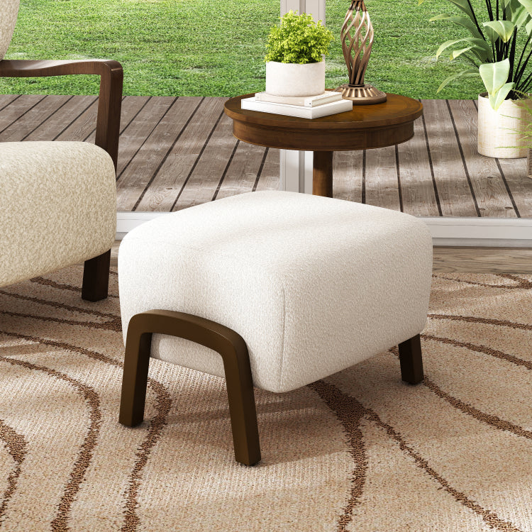 Upholstered Ottoman, Wooden Legs, White, Boucle