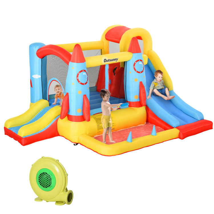 Outsunny Kids Inflatable Water Slide, 4 In 1 Bounce House Jumping Castle With 2 Slides, Climbing Wall, Trampoline, & Water Pool Area, Air Blower