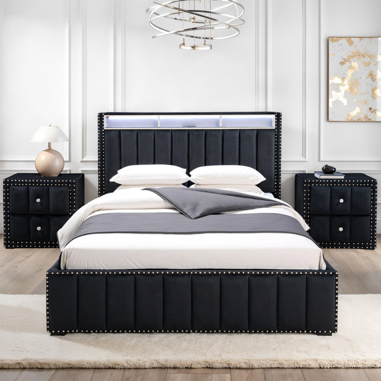 Black Color Contemporary Style 1Pc Nightstand Crystal Like Knobs Vertical Channel Tufting Nailhead Trim Fabric Bedside Table Bedroom Furniture