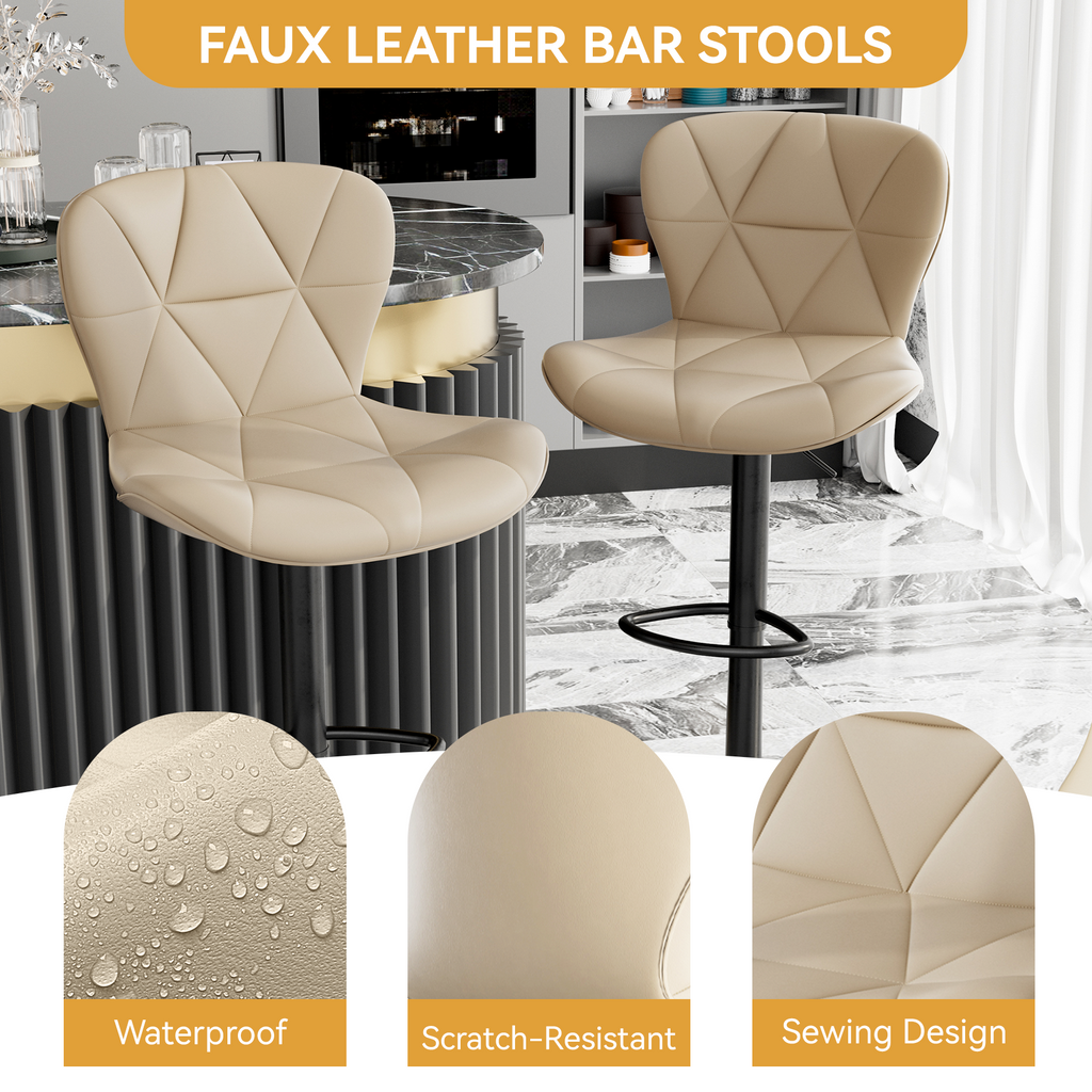 Bar Stools Set Of 2,Adjustable Swivel Barstools, Faux Leather Bar Chairs,Upholstered Counter Height With High Backrest For Kitchen Island,Khaki