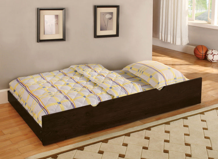 Twin Over Twin Transitional Style Bunk Bed Dark Walnut Finish Attached Ladder Rails And Lock Joint Structure Trundle Included Espresso Finish