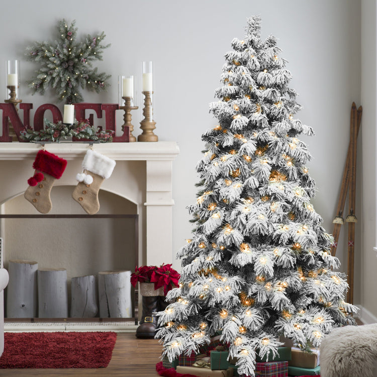 5Ft Flocked Scarecrow Shaped Christmas Tree With 200 Warm White Led Lights, 375 Pvc Memory Wire Tips,Power Pole & Hinged Structure Realistic Snowy Holiday Tree