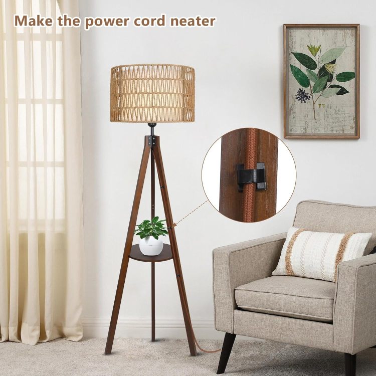 Boho Tripod Floor Lamp With Shelves, Mid Century Wood Standing Lamp With Rattan & Fabric Shades, On Off Foot Switch, Modern Farmhouse Tall Floor Lamps For Living Room Bedroom Office