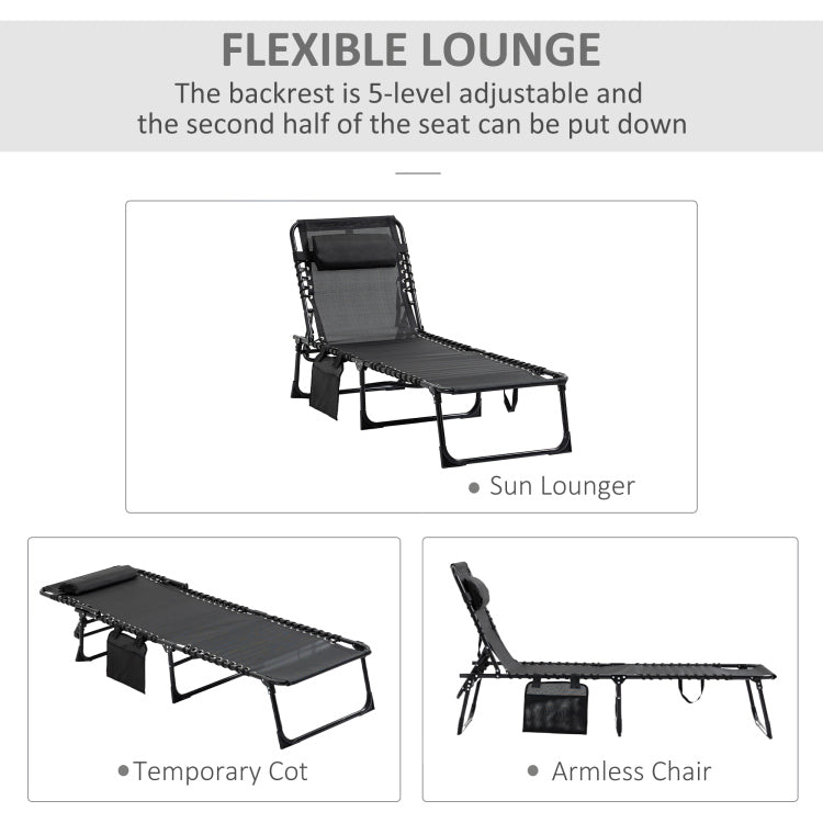 Outsunny Reclining Chaise Lounge Chair, Portable Sun Lounger, Folding Camping Cot, With Adjustable Backrest And Removable Pillow, For Patio, Garden, Beach, Black