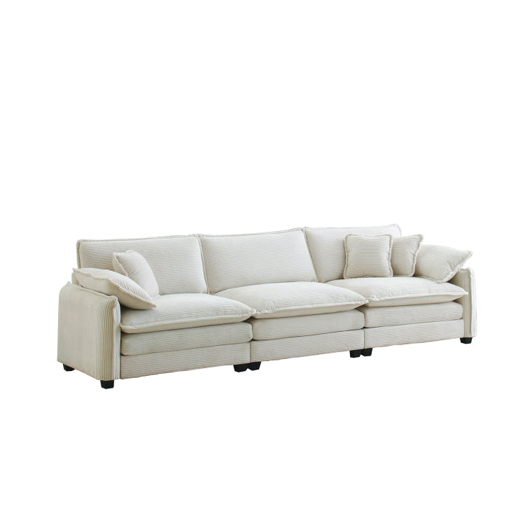 Mid Century Modern 3 Seater Sectional Sofa With 2 Arm Pillows And 3 Throw Pillows, Beige Corduroy Fabric