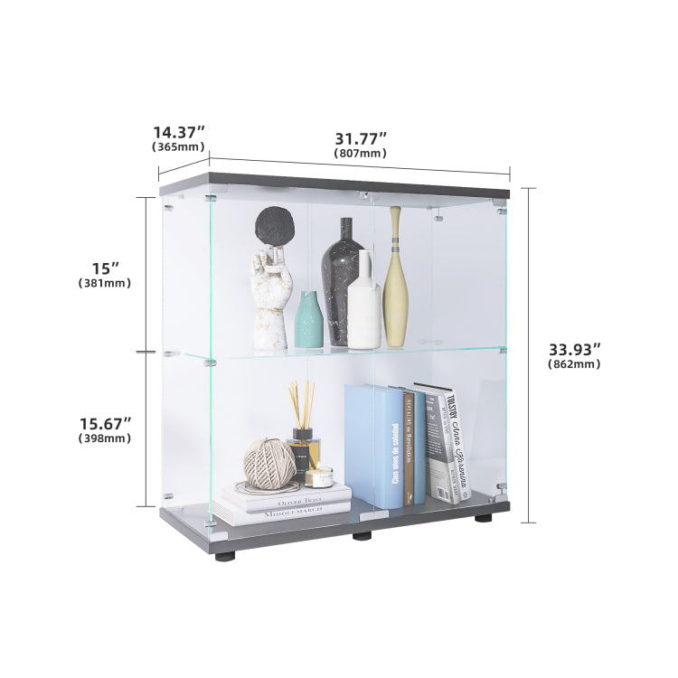 2 Layer Glass Display Cabinet With 2 Doors, Curio Cabinets, Glass Display Cabinet Showcase Countertop With Lock, Tempered Glass With Mdf Base