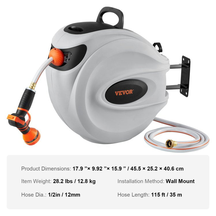 Retractable Hose Reel Water Hose Reel 115'X1 2" 180 Swivel Wall Mounted