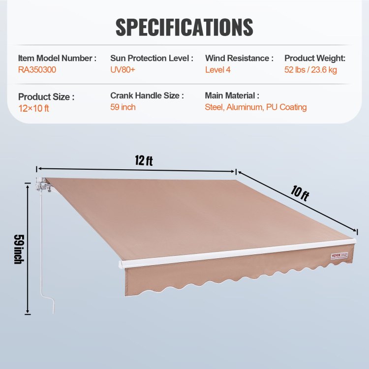 Manual Retractable Awning, 12 X 10 Ft Outdoor Patio Awning Retractable Sun Shade, Water Resistant Polyester Patio Door Window Awning Sunshade Shelter With Crank Handle For Backyard, Balcony