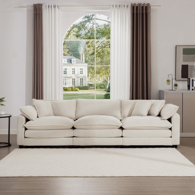 Mid Century Modern Sofa 3 Seater Sectional Sofa With 2 Arm Pillows And 3 Throw Pillows, Light Beige Corduroy Fabric