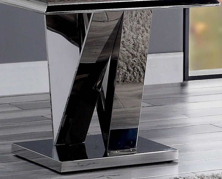 1Pc End Table Modern Glam Style 18Mm Faux Marble On Top Rectangular V Shape Pedestal Base Stainless Steel Metal Structure Chroma Finish Coffee Table Not Included