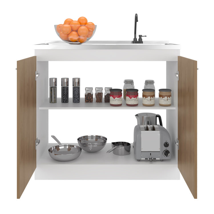 Napoles Utility Sink With Faucet Inclued And Integrated Stainless Steel Counter Top, Freestanding Cabinet With Two Doors, Metal Handles And Two Interior Shelves, Natural White