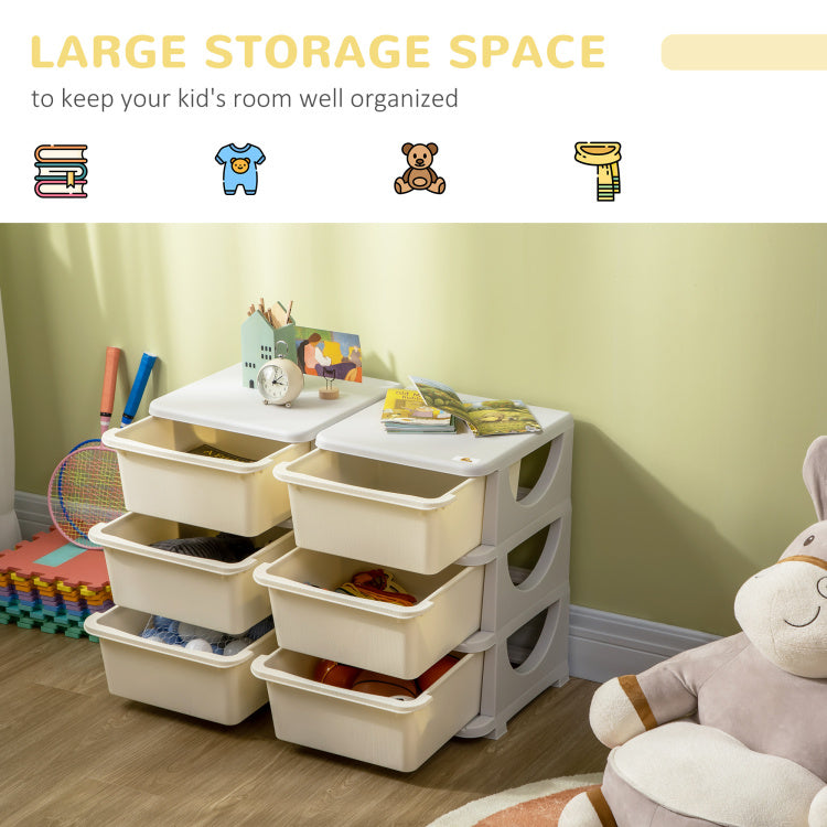 Qaba 3 Tier Kids Storage Unit, 6 Drawer Chest Toy Organizer Plastic Bins For Kids Bedroom Nursery Kindergarten Living Room For Boys Girls Toddlers, Cream