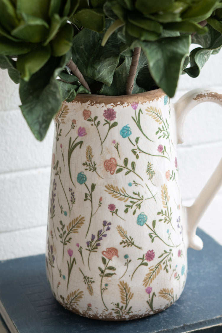 8.1X5.7X9.1" Round Ceramic Pitcher Vase With Multi Colored Floral Motifs