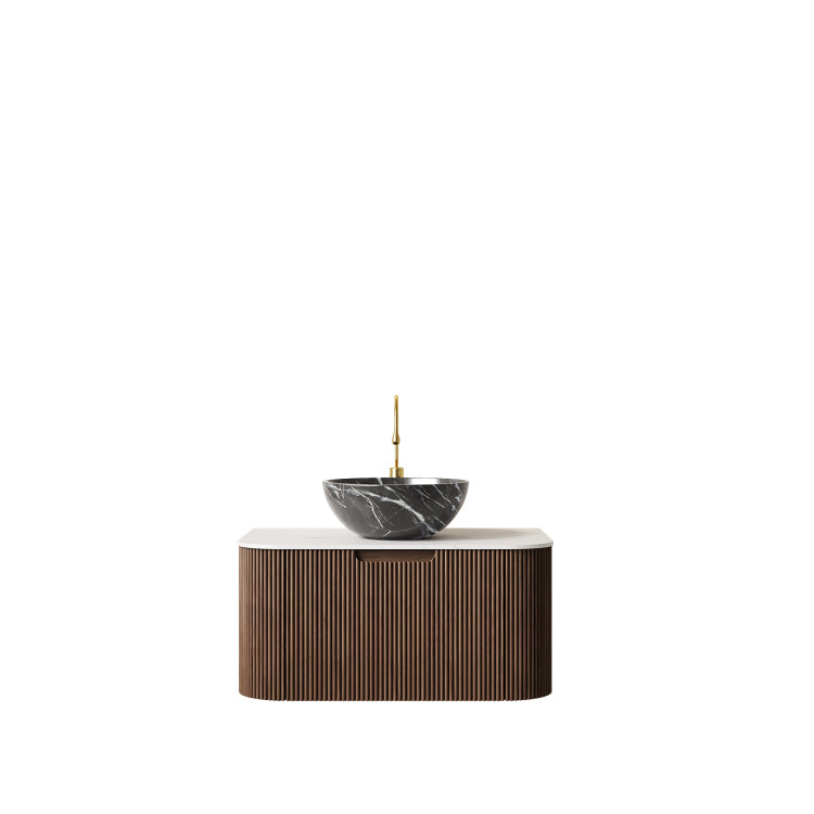 Dina 30" Bathroom Vanity With Sink, Wall Mounted Curved Edges Striped Bathroom Storage Cabinet With Drawer, Black Bowl Ceramic Basin With Stone Pattern, Pre Assembled, Dark Walnut Woodgrain Color