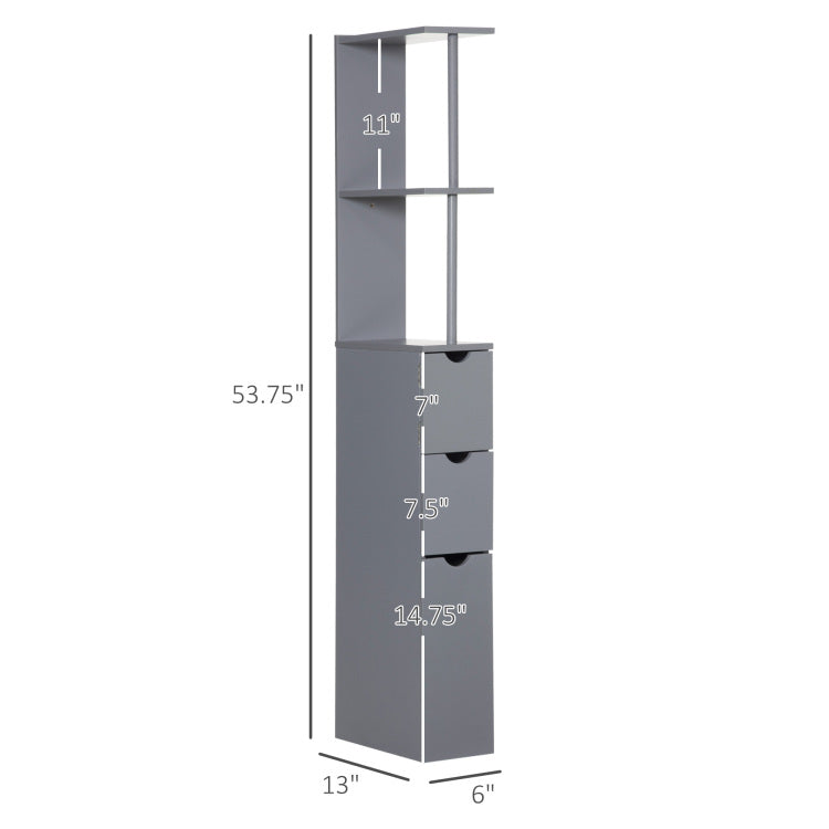 Homcom 54" Tall Bathroom Storage Cabinet, Freestanding Linen Tower With 2 Tier Shelf And Drawers, Narrow Side Floor Organizer, Grey