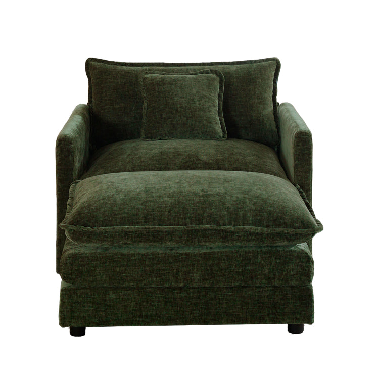Modern Accent Chair With Ottoman, Living Room Club Chair Chenille Upholstered Armchair , Reading Chair For Bedroom, Green Chenille
