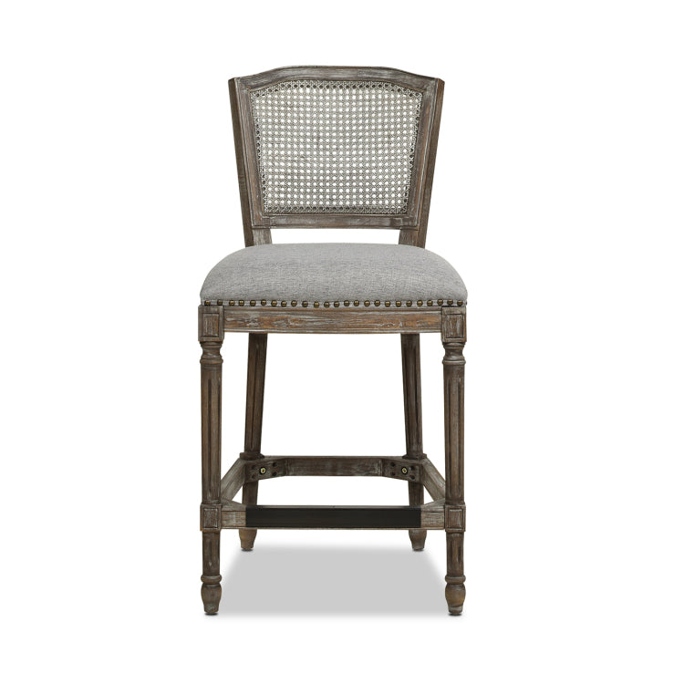 Triomphe Rattan Wicker High Back Armless Counter Bar Stool, Heathered Grey Linen