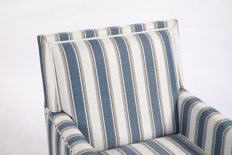Upholstered Accent Chair, Vintage Armchair With Blue And White Striped Linen Fabric And Nailhead Trim For Living Room