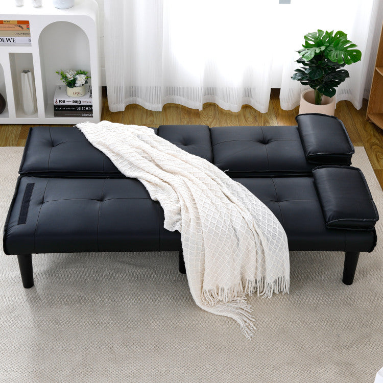 The 67 Inch Black Pvc Multi Functional Sofa Bed With A Foldable And Cup Holder Design Makes It Extremely Convenient To Turn The Living Room Into A Guest Room