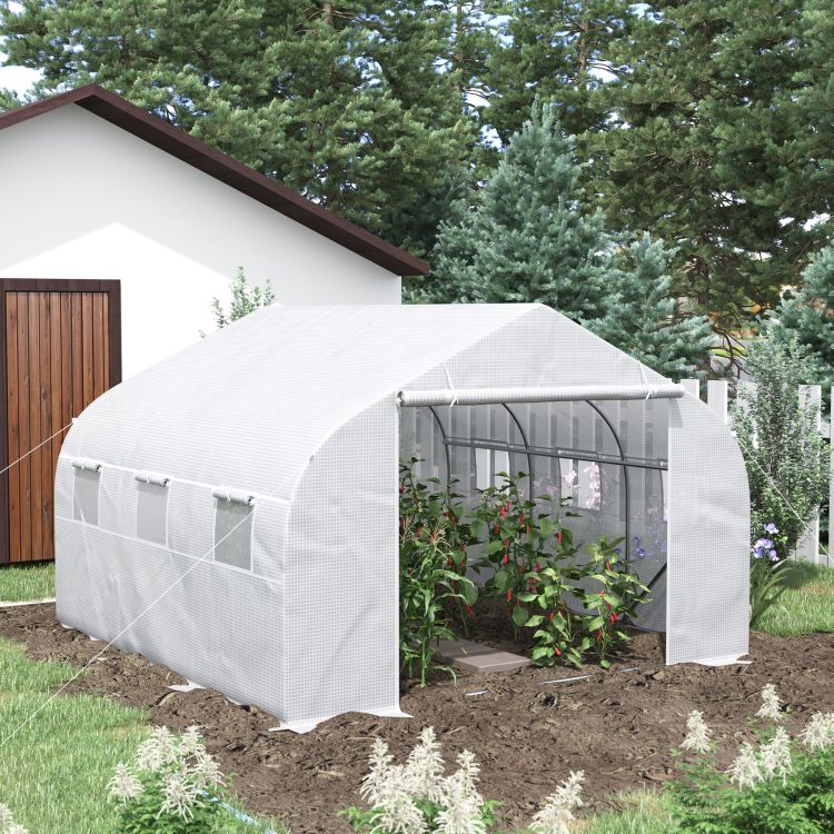 Outsunny 12' X 10' X 7' Walk In Greenhouse, Tunnel Green House With Zippered Mesh Door And 6 Mesh Windows, Gardening Plant Hot House With Galvanized Steel Frame, White