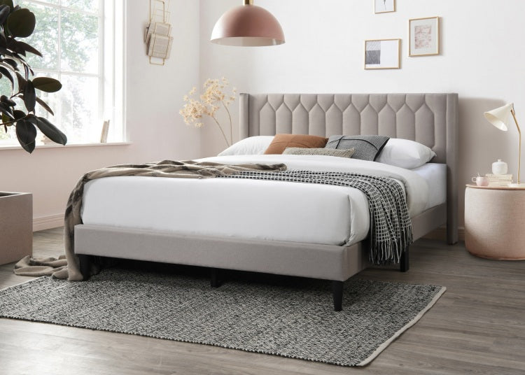 Modern Eye Catching 1Pc Queen Size Bed Light Brown Burlap Fabric Unique Diamond Design Headboard Bedframe