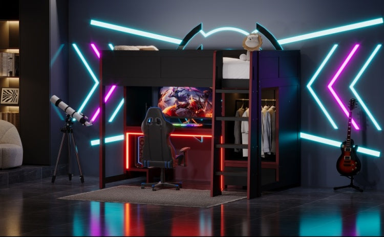 Wood Twin Size Gaming Loft Bed With Built In Desk, Wardrobe, Led And A Drawer, Black
