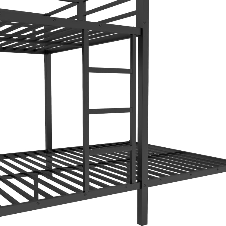 Queen Over Queen Size Bunk Bed Frame With Built In Wardrobe, Metal Bunk Bed With Desk And Storage Chairs, Black