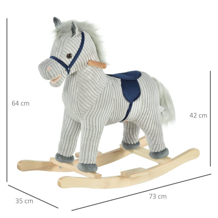 Qaba Kids Rocking Horse For Toddler 3 5, Plush Ride On Horse Wooden Rocker With Realistic Sounds, Gray