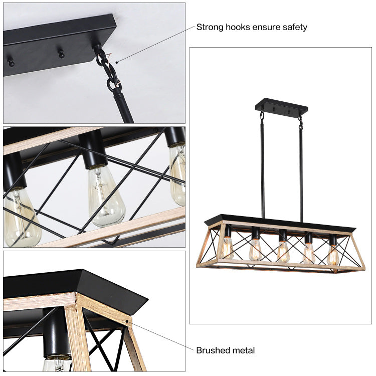 32" Oak Industrial 5 Light Pendant Chandelier, Modern Metal Cage Design, Adjustable Hanging Light For Dining Room, Kitchen, Living Room No Bulbs